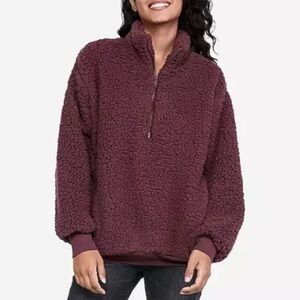 Express Fuzzy Sherpa Jacket Pullover Quarter zip Oversized Merlot Cranberry Plum